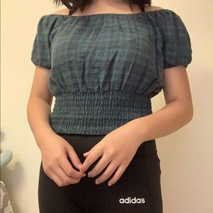 xs aeropostale off the shoulder green plaid top